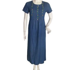 BOBBIE BROOKS Denim Dress, M, Embroidered Floral, Maxi, Tie Back, Short slvs